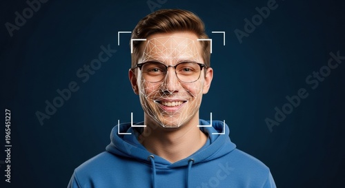 Smiling young man's face highlighted with facial recognition technology showcasing biometric identification patterns