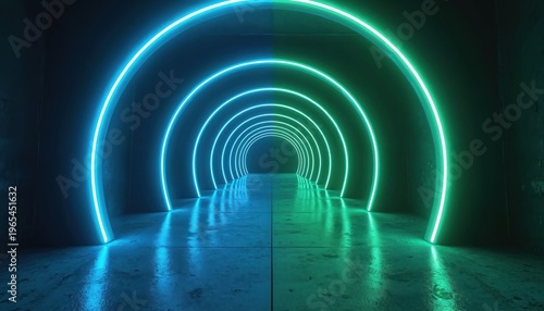 Blue and green neon circles form a glowing tunnel with a reflective floor. This abstract corridor leads into darkness with a futuristic vibe. Modern geometric design.