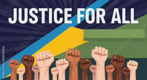 Diverse fists raised in unity with justice for all text on colorful background