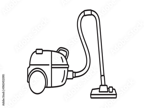 A line drawing of a vacuum cleaner with a hose and wand attachment