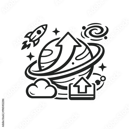 Cosmic journey of uploading files to the digital universe, featuring a rocket, planet, and cloud icons for data transfer