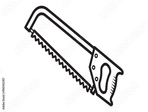 A black and white line drawing of a handsaw with a curved handle
