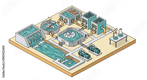 Detailed illustration of a modern water treatment plant shows the complex process of wastewater purification for environmental sustainability, clean technology, and public health p.