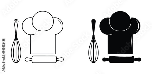 Chef hat and kitchen utensils icon set on white background for cooking and baking Vector illustration