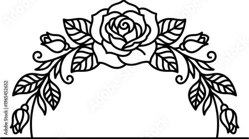 Elegant black line art illustration of a blooming rose with leaves and buds in a decorative arch design, ideal for floral invitation cards, wedding stationery and artistic tattoo stencil