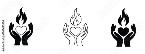 Set of hands holding heart with flame icons on white background Vector illustration