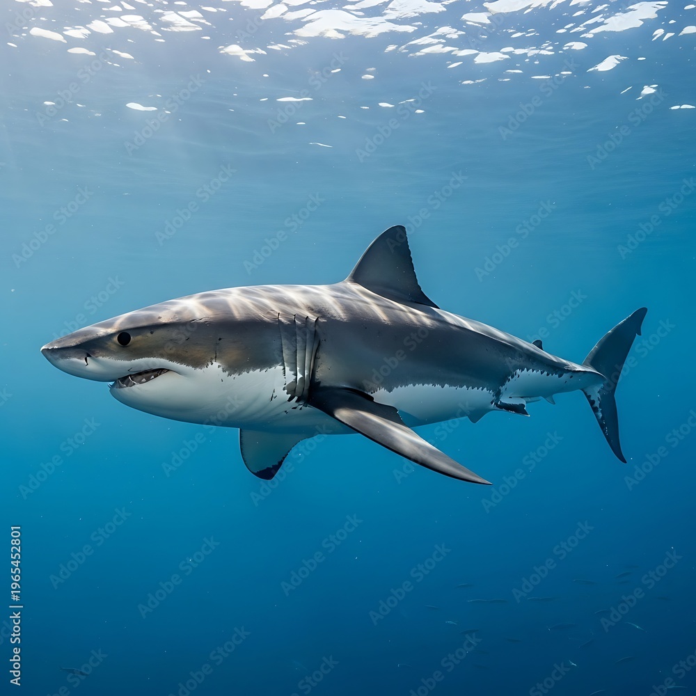 Fototapeta premium Great White Shark Swimming in Deep Blue Ocean Waters.