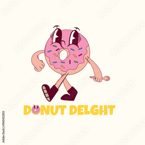 Print Cute hand drawn retro mascot donut character logo for bakery or dessert brand with text donut delight
