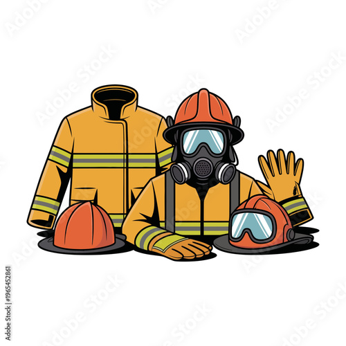 Firefighter equipment illustration with protective gear and uniform