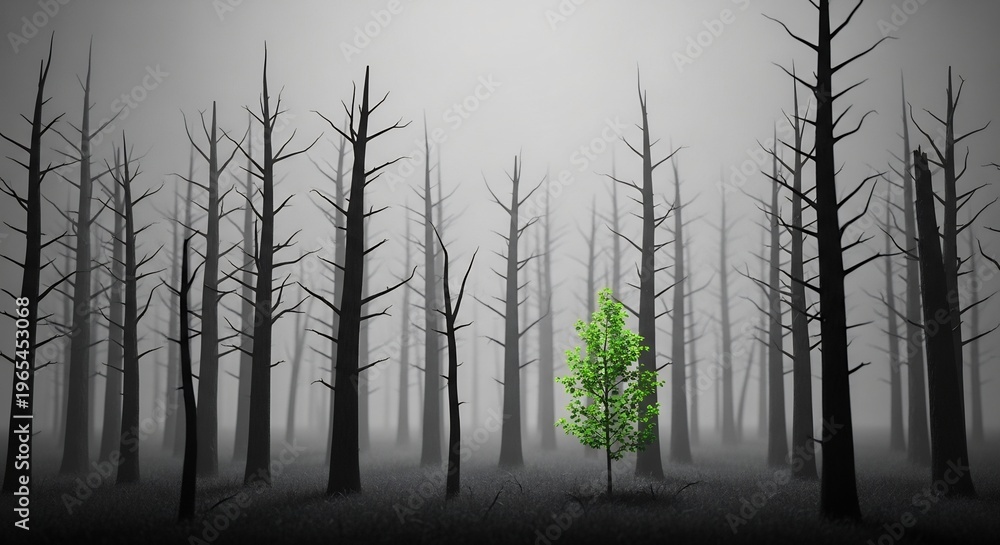 Obraz premium A lone green sapling thrives amidst a desolate forest of dead trees.