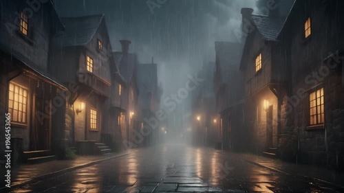 A narrow old European city street with buildings and warm lights at night in an evening urban scene