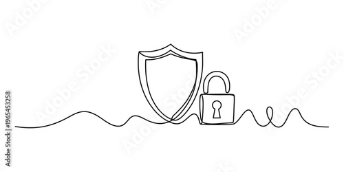 A single continuous line drawing of a protective shield and a secure padlock for data safety Vector, illustration