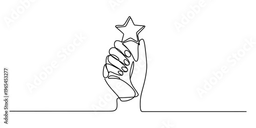 A single continuous line drawing of a human hand holding a star shape representing achievement Vector, illustration