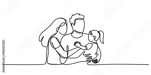 Minimalist continuous line drawing of a happy young family embracing each other with affection. Vector, illustration