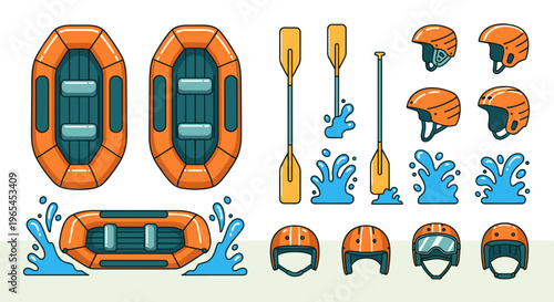 Rafting Gear Clip Art Set for Adventure Sports Designs, Featuring Inflatable Boats, Paddles, and Helmets Ready for Rivers, Whitewater, and Outdoor Recreation in Colorful Vector Sty.