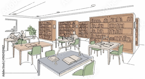 Modern office interior with wooden desks and green chairs bookshelves in background minimalist workspace design