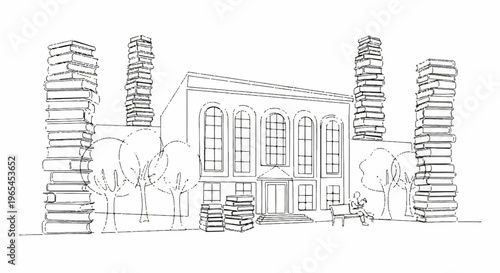 Illustration of a house with books stacked high on either side conveying a sense of learning and organization in a creative whimsical way