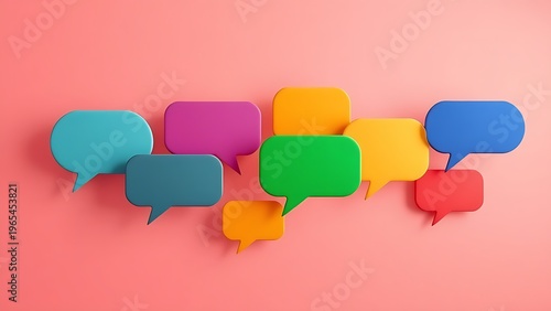 dialogue. Minimalist colorful speech bubbles on gradient backdrop, symbolizing consumer feedback concepts. pitch deck slides.