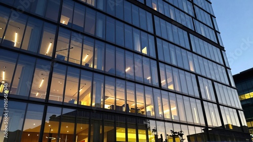Modern Glass Office Building Reflecting Twilight Sky - Architectural Photography