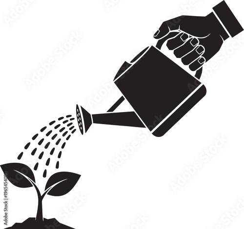 Person watering small plant seedling with watering pot for growth or environmental conservation concept in black and white flat vector illustration