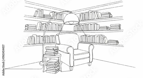 Cozy reading nook with armchair floor lamp and stacked books in a quiet library or home study area with bookshelves