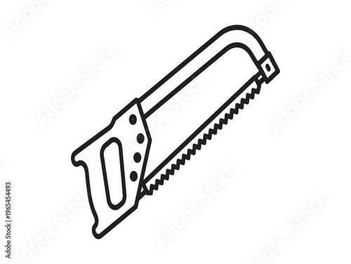 A black and white line drawing of a handsaw with a curved handle