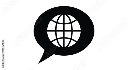 A black speech bubble contains a globe illustration symbolizing global communication and connection a striking silhouette high quality