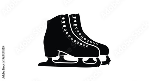 A simple black silhouette depicts a pair of vintage ice skates with ornate detailing a striking silhouette