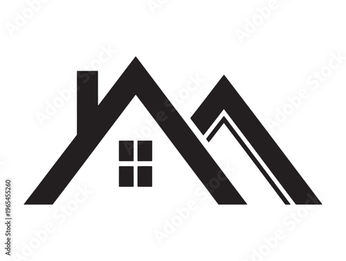 A stylized black and white logo of a house with mountains