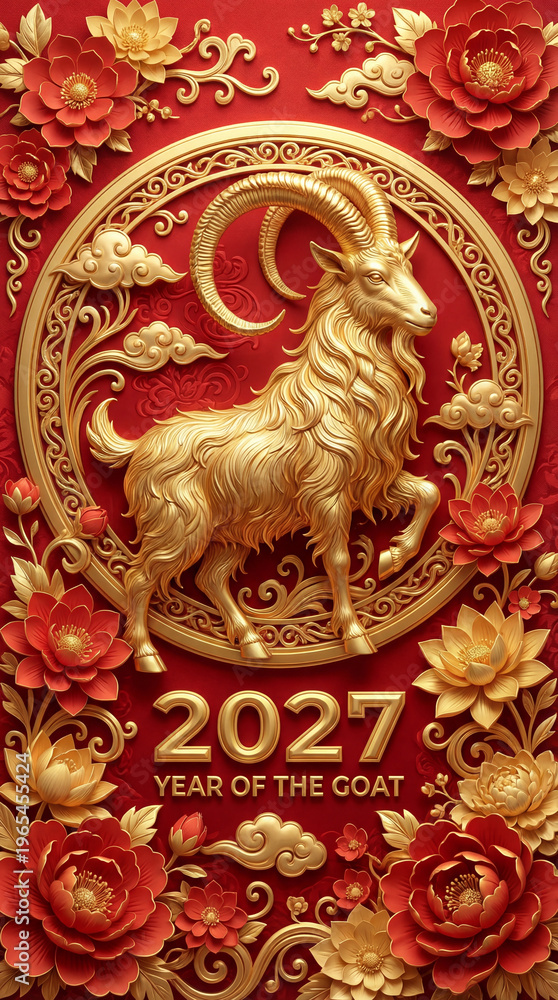 Fototapeta premium Artistic representation of the 2027 Lunar New Year with a powerful golden goat