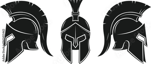 Three black Spartan helmets from different angles featuring front and side profile views for warrior mascot logo and ancient history.