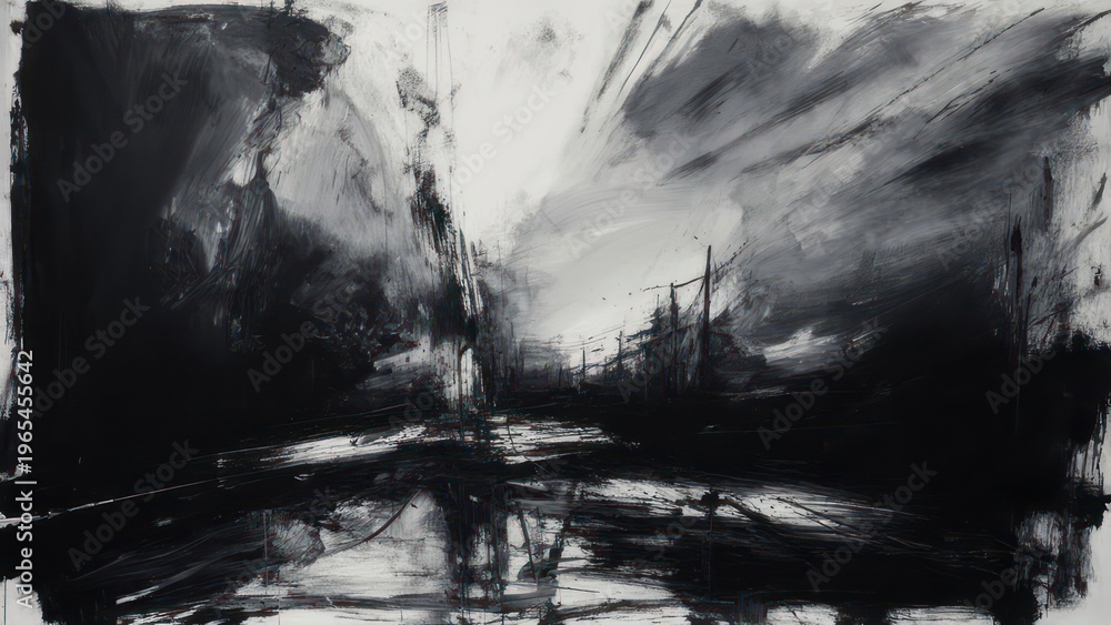 Fototapeta premium Stark monochrome abstract painting of a dark road vanishing into light, with expressionist brushstrokes