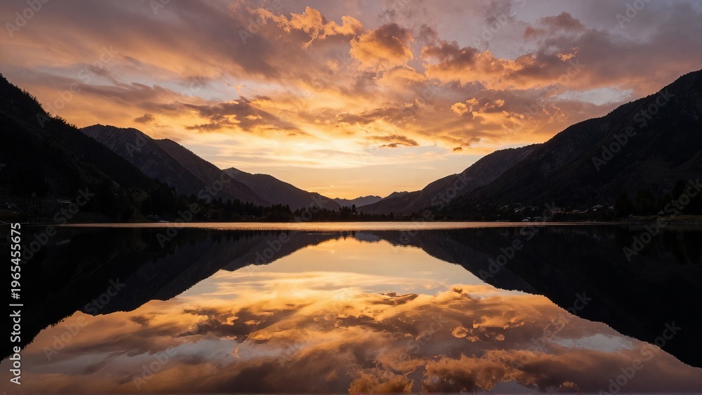 Fototapeta premium Wide Angle Landscape of Golden Sunset Reflection on Alpine Lake