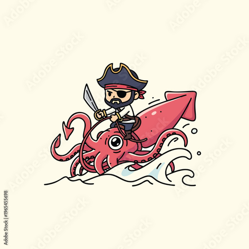 An illustrated cartoon shows a pirate riding a giant squid through waves. The pirate holds a sword, wearing a hat, red bandanna, and eye patch