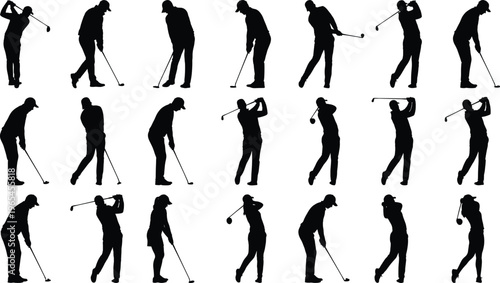 Golf player silhouette mega set, golfer swing putting action poses collection, sport vector illustration black isolated professional golf activity bundle