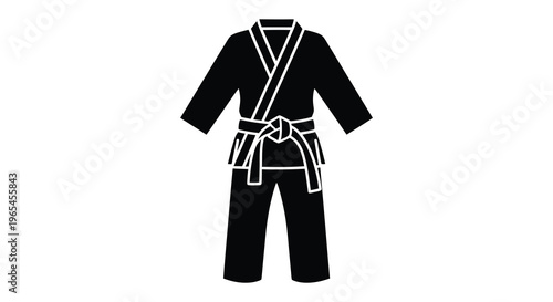 A black silhouette of a traditional judo gi including jacket pants and belt against a white background silhouette
