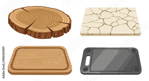 Set of Various Cutting Boards for Food Preparation and Serving, a Collection of Diverse Kitchen Tools and Utensils Crafted from Wood, Stone, and Metal, Great for Cooking, Chefs.