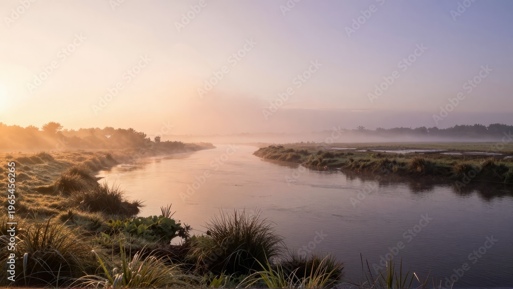 Fototapeta premium Winding River at Sunrise with Mist and Golden Light - Nature Photography