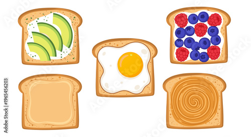 Variety of Toast Toppings, Avocado, Egg, Berries, Peanut Butter for Breakfast or Snack on White Background, Illustrating Healthy Food Choices and Delicious Morning Meals Nutrition.