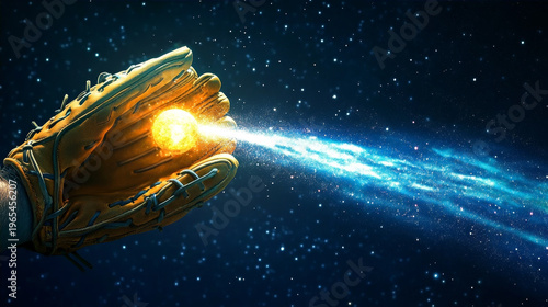 Surreal Digital Art of a Leather Baseball Glove Catching a Glowing Sun Comet in the Deep Vastness of Outer Space with Blue Cosmic Energy Trails