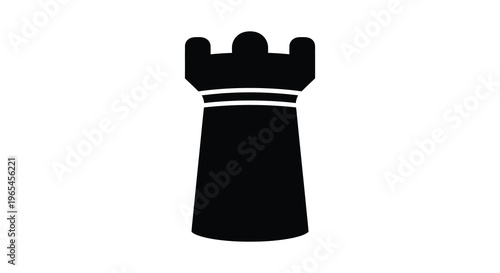 A stark black silhouette of a chess rook stands prominently against a plain white background a minimalist design silhouette