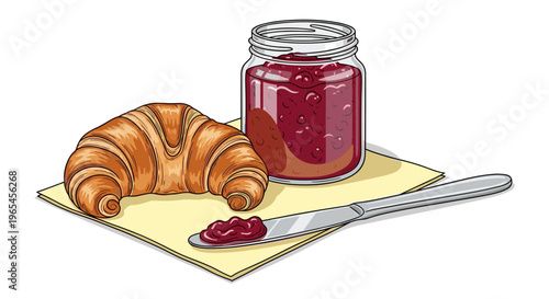 Delicious croissant with sweet fruit jam on a rustic napkin creates an inviting breakfast scene, perfect for marketing, recipe illustrations, and culinary designs with classic appe.