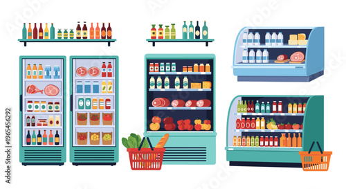 Grocery store interior featuring refrigerated displays with fresh produce, beverages, meats, dairy, and other food items to showcase supermarket product variety and retail shopping.