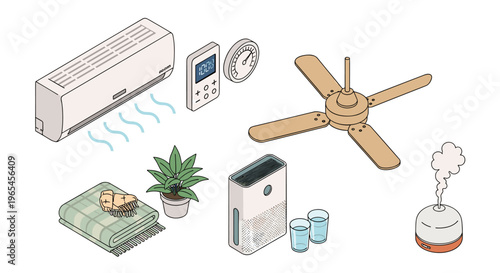 Smart Home Comfort System Illustration Featuring Air Conditioner, Humidifier, Fan, Purifier, and Accessories for Residential Climate Control, Modern Living, and Technology Integrat.