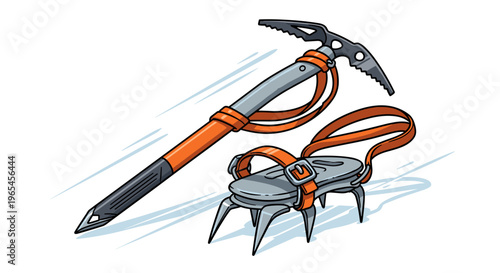 Mountaineering Ice Axe and Crampons Illustration for Adventure Sports Equipment, Perfect for Climbing, Hiking, and Outdoor Activities in a Cartoon Style with Detailed Design for Di.