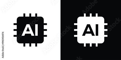 Solid vector icon of an Artificial Intelligence CPU chip. Professional black and white graphic representing machine learning, smart computing power, and neural network hardware.