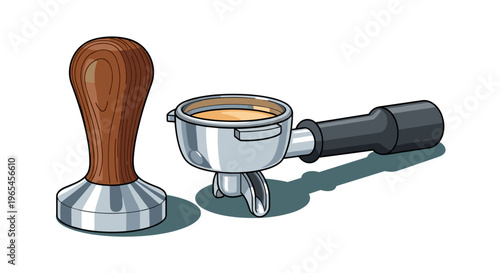 Espresso Preparation Still Life Illustration with Tamper and Portafilter Depicting Barista Tools in a Coffee Making Scenario for Cafes, Drink Recipes, and Menu Designs Representing.