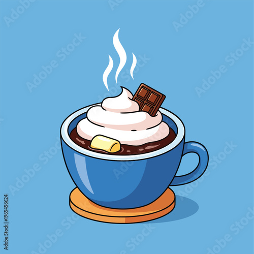 An illustrated, warm beverage, a mug of steaming hot chocolate, topped with whipped cream and a chocolate square