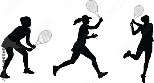 WebWomen tennis player silhouette set, female athlete playing tennis action poses, sport activity vector illustration black isolated design collection