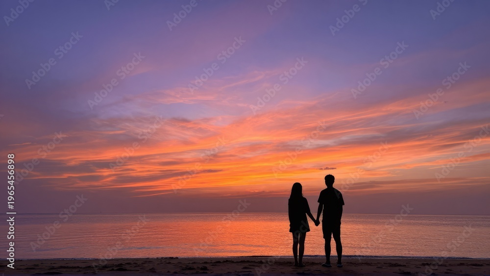 Fototapeta premium Romantic Silhouette Couple at Sunset over Calm Ocean Wide Screen